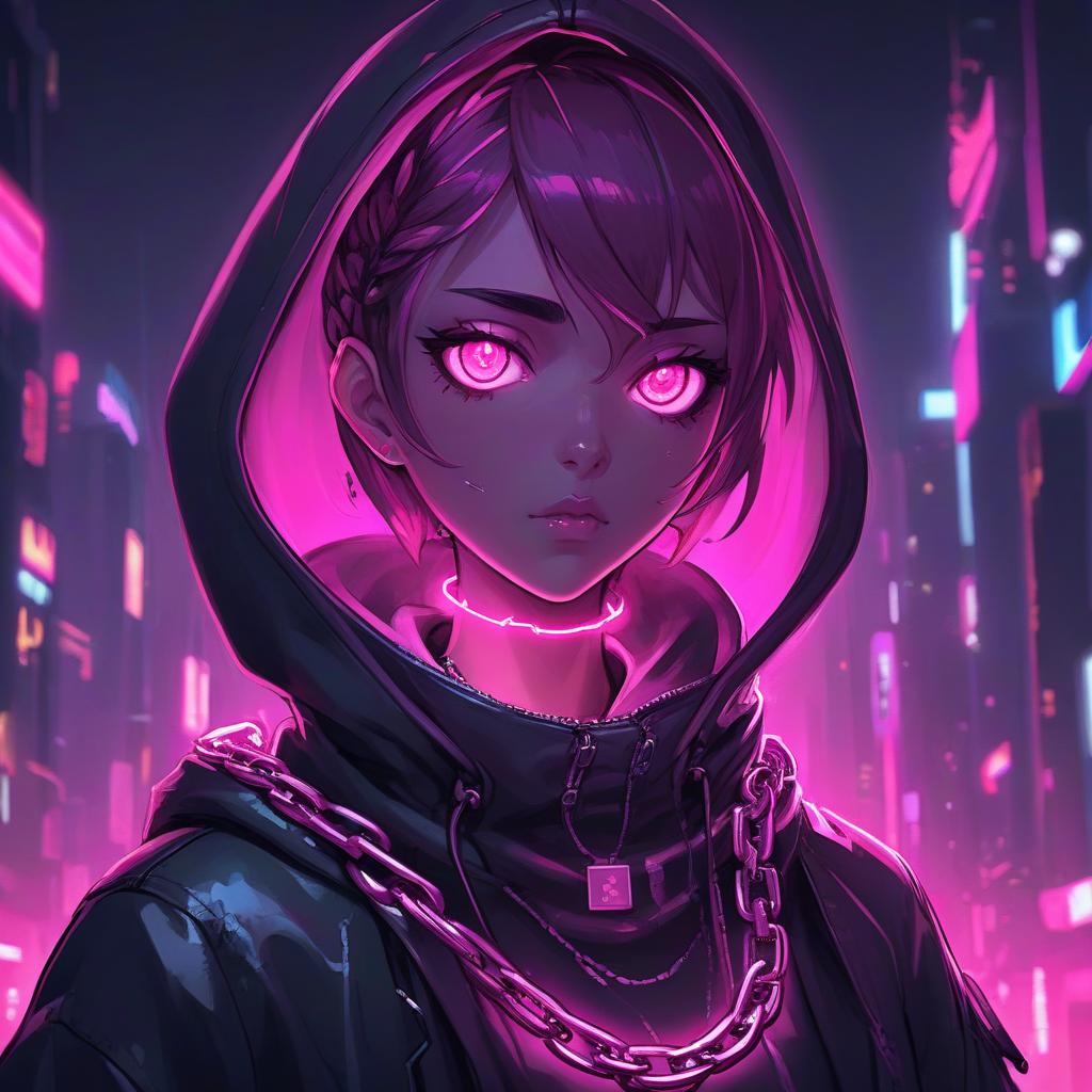  a close up of a person with a chain around their neck, cyberpunk art, inspired by cyril rolando, trending on deviantart, glowing magenta face, chiaki nanami from danganronpa, cloaked, ufotable studio art style