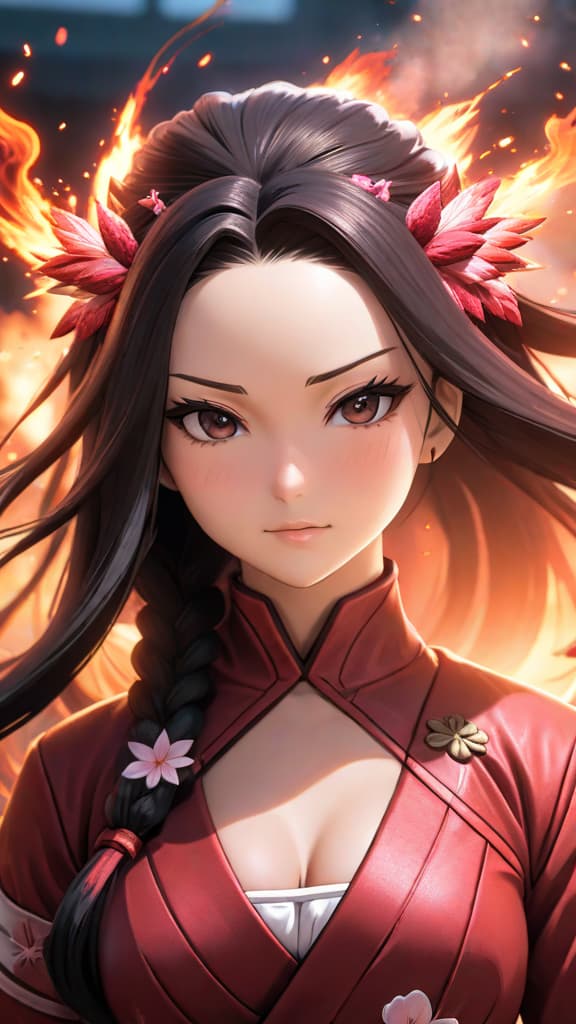  anime art: nezuko's exploding blood enhances her abilities, heals her wounds, and incinerates enemies. hyperrealistic, full body, detailed clothing, highly detailed, cinematic lighting, stunningly beautiful, intricate, sharp focus, f/1. 8, 85mm, (centered image composition), (professionally color graded), ((bright soft diffused light)), volumetric fog, trending on instagram, trending on tumblr, HDR 4K, 8K