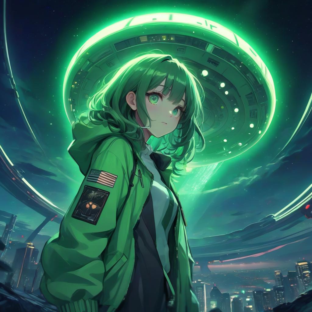  girl in anime style in a green jacket, green color, night, bright light, ufo in the sky