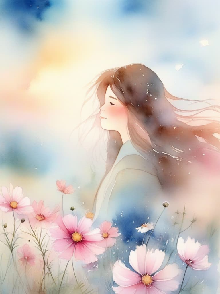  masterpiece,(pastel watercolor style with pink,light blue and white:1.5),(cosmos blooming meadow:1.5),(super beautiful girl),(long fluffy hair:1.2),,profile,sunset,high quality,8k