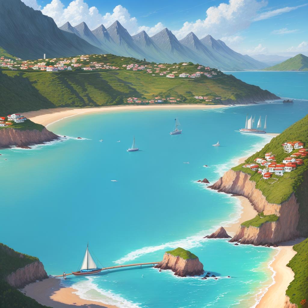  long landscape oil painting style drawing showing a coastline with colorful houses at the coast and small hills in the background and a yacht as the main focus in a crystalline beautiful turqouise lake with a shimmering sunlight view far away at the horizon. Realistic oil paintings style.