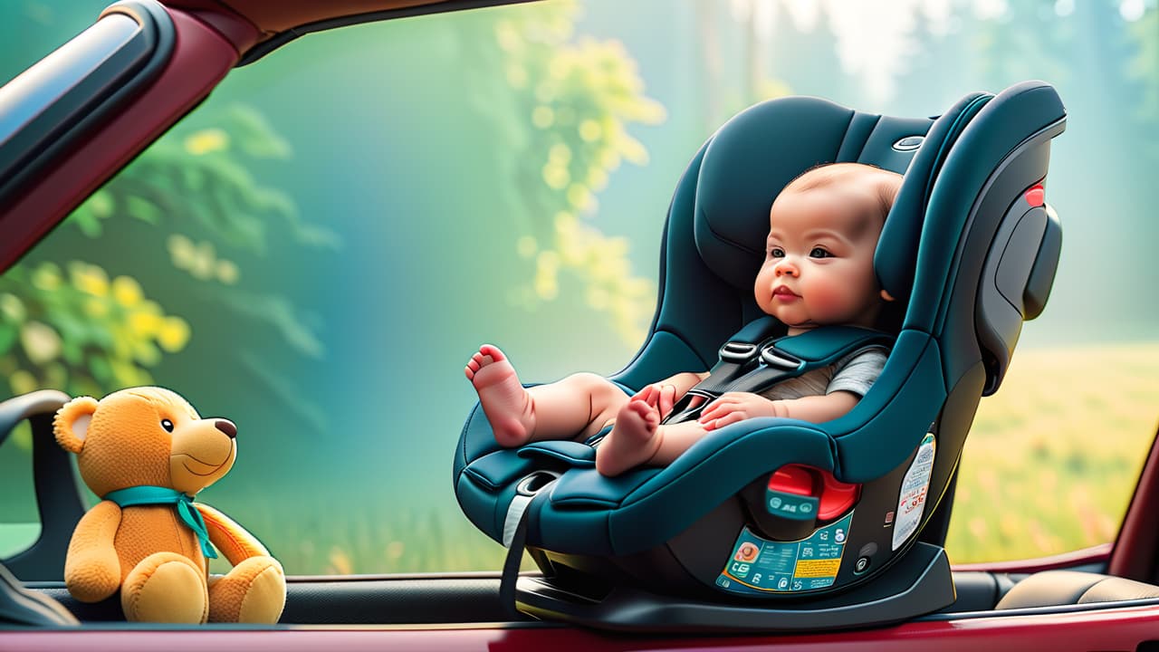  a side view of a convertible car seat, showcasing its adjustable features, reclining positions, and safety harness. surround it with baby gear items like diaper bags and toys, set against a soft, cozy nursery background. hyperrealistic, full body, detailed clothing, highly detailed, cinematic lighting, stunningly beautiful, intricate, sharp focus, f/1. 8, 85mm, (centered image composition), (professionally color graded), ((bright soft diffused light)), volumetric fog, trending on instagram, trending on tumblr, HDR 4K, 8K