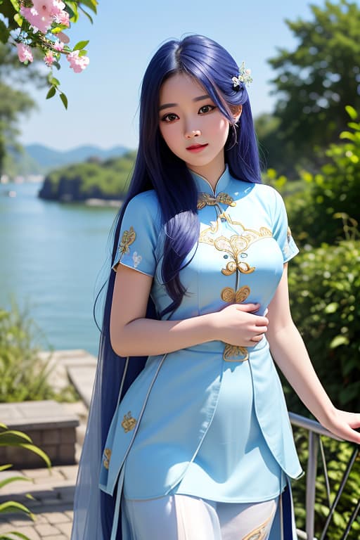  a high school girl in vietnamese ao dai, 7 color hair, goddess, cosmic power, blue eyes, beautiful, advertising photo,high quality, good proportion, masterpiece , the image is captured with an 8k camera