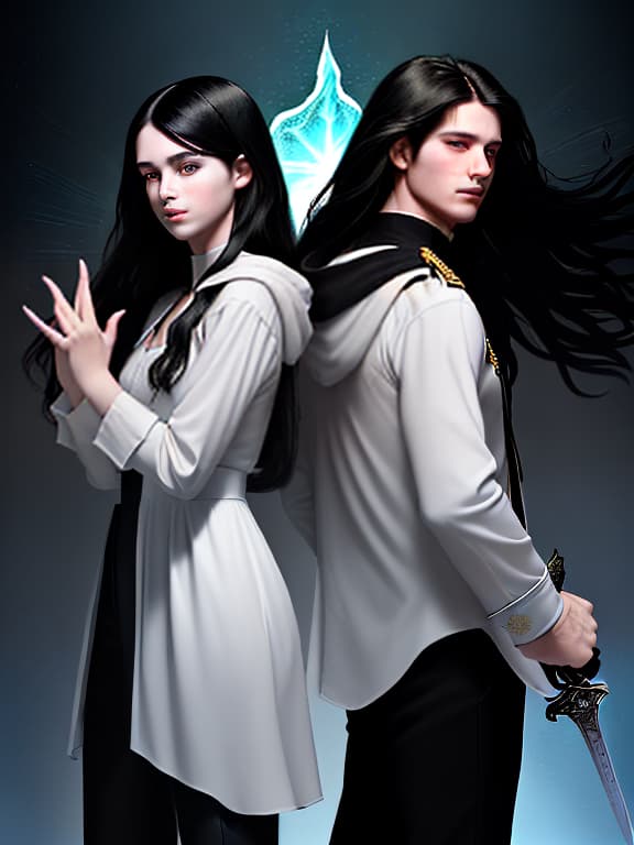  a girl and a man are standing in the center of the composition, back to back. the man is on the right, the girl is on the left. side view. the man is dressed in a white military dress uniform, holding a sword in his hand. the girl is dressed in black pants, a white shirt and a hooded cloak. the man has short black hair, the girl has long, slightly wavy black hair. the girl's right hand is raised up in a magical gesture. the light falls from the upper right corner, the shadow of the man falls on the girl. the background is dark. a blue crystal glows on the girl's neck. fantasy. middle ages. pale skin