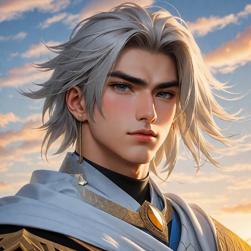  3d, (masterpiece, top quality, best quality, official art, beautiful and aesthetic:1.2), (fractal art: 1.3), anime art very beautiful asian male straight hair, white shoulder length hair, pale skin. grey eyes. eyebags. long dark lashes. diamond shaped face. sharp jawline. thin lips. low soft angled eyebrows. greek nose. tongue piercing. industrial piercing. lobe piercing. low set cheekbones. helix piercing. looking the sky, medium shot, golden hour college boy, award winning, professional, highly detailed, masterpiece