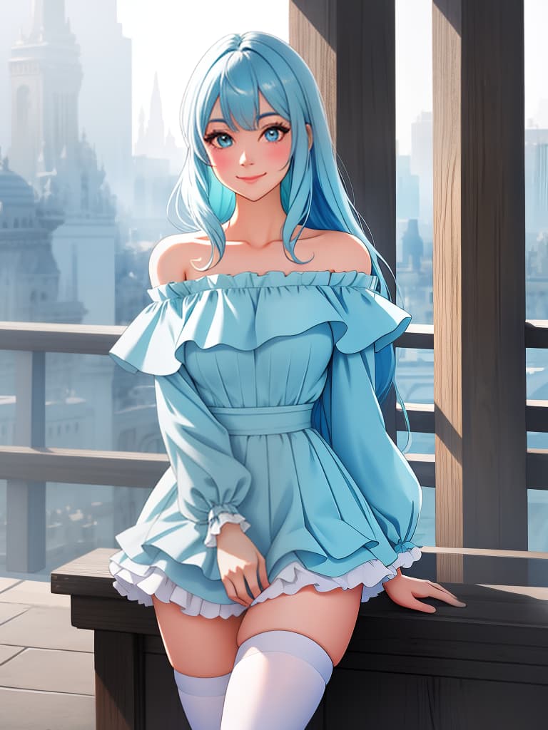  ,cute,pastel colors,light blue hair,off the shoulder,frilled ,,black knee socks,long hair,a shy smile,ided hair,mysterious landscape,high image quality,high quality,beautiful ilrations,ultra detailed,ultra hd,8k,clear eyes hyperrealistic, full body, detailed clothing, highly detailed, cinematic lighting, stunningly beautiful, intricate, sharp focus, f/1. 8, 85mm, (centered image composition), (professionally color graded), ((bright soft diffused light)), volumetric fog, trending on instagram, trending on tumblr, HDR 4K, 8K