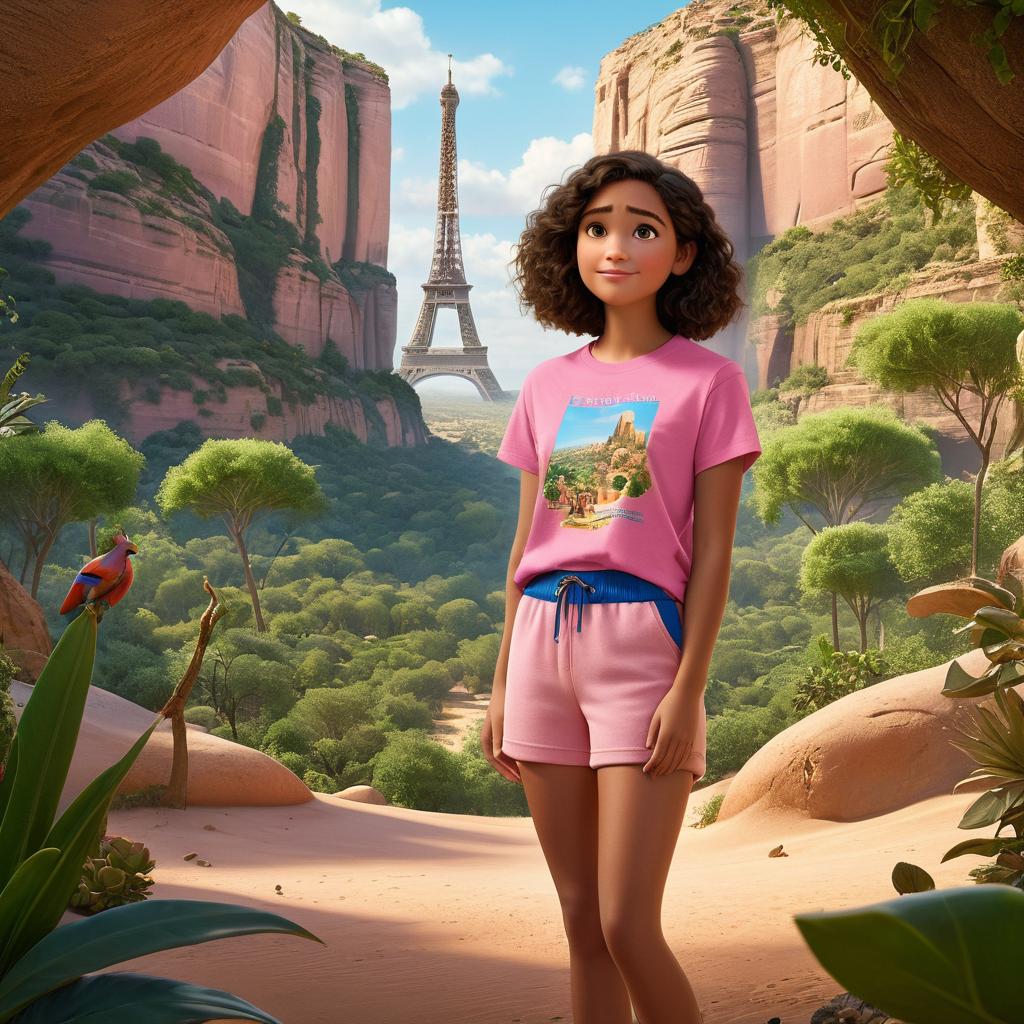  in 3d animated movie style. disney pixar style. paris, in pink t shirt, blue shorts, pink sneakers, attentive and curious. ellie, ancient and wise, shares tales of animals in lush rainforest and arid desert, captivating paris. high resolution pixar 3d animated film style, vint greens for rainforest, warm sandy tones for desert, soft, bright lighting. bird's eye view composition showcases paris and ellie surrounded by lush greenery and desert landscapes.