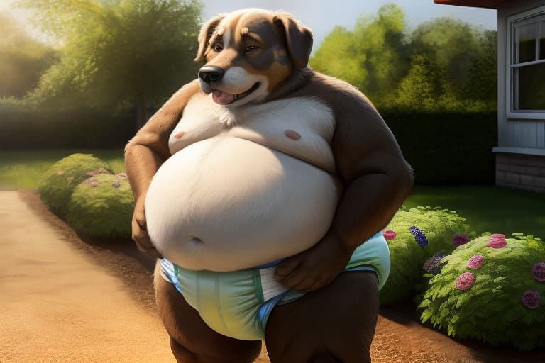  elderly, male, dog, overweight, round belly, wearing only a diaper, standing up, holding belly, outside in a garden, style of Azsola, open eyes, masterpiece, 4k, fine details,