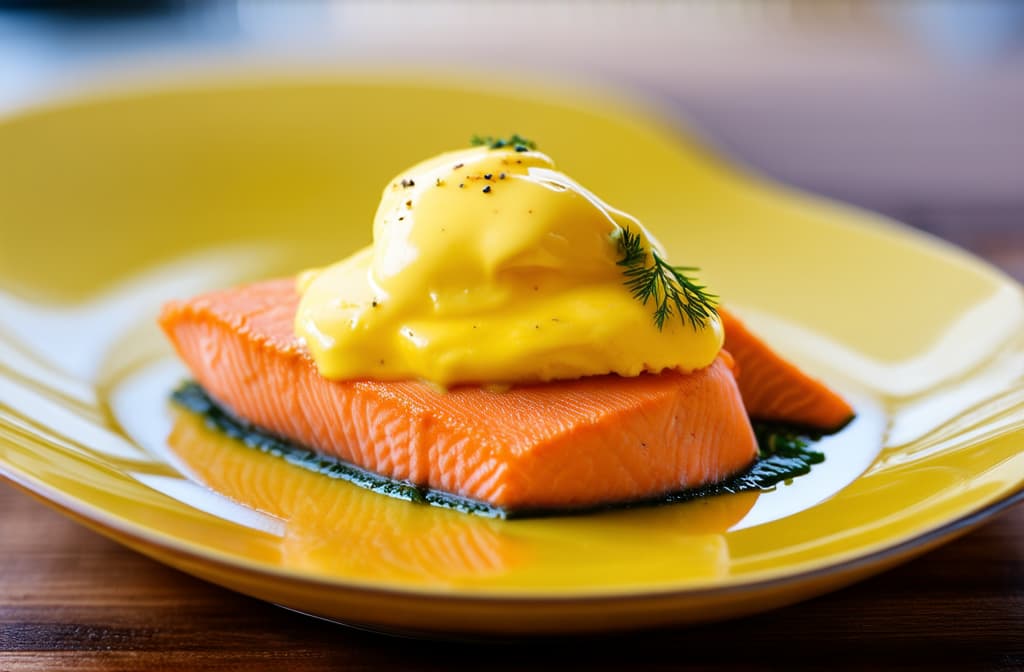  food gourmet photography style, salmon benedict juicy delicious yellow plate ar 3:2, appetizing, professional, culinary, high resolution, commercial, highly detailed ,soft natural lighting, macro details, vibrant colors, fresh ingredients, glistening textures, bokeh background, styled plating, wooden tabletop, garnished, tantalizing, editorial quality