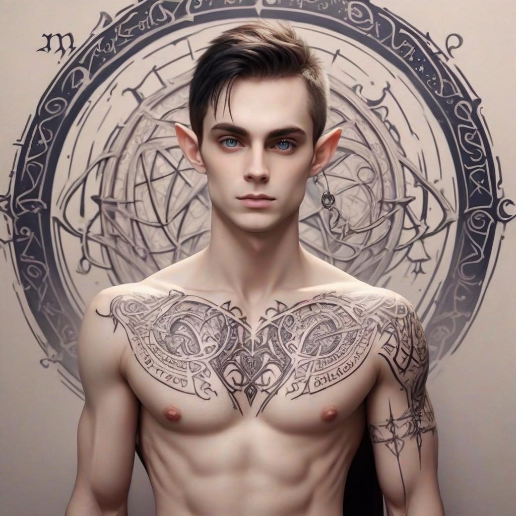  magic tattoo on the shoulders and torso with elven text