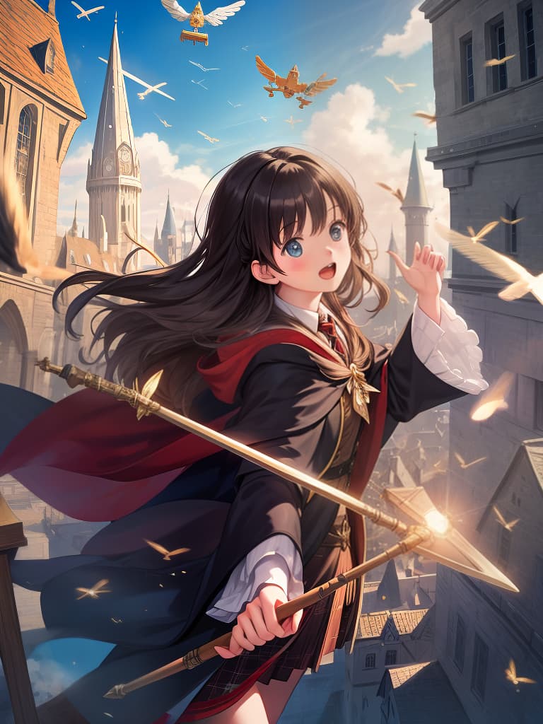  masterpiece,harry potter style,((flying in the sky:1.5)),flying on a broom,overstuffed cape,cute girl,surprised look,realistic,quality,8k