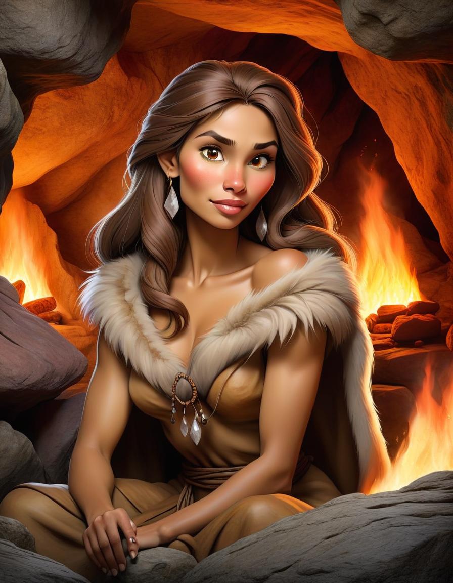  digital illustration, ink and watercolor on parchment, with fine shading of the edges, depicting an expressive stone age woman in cave, whose image seamlessly blends with the textures of the stone cave, soft diffused lighting in warm tones envelops her, enhancing the mystical aura around her slender form. clad in a fur, sits in front of the fire