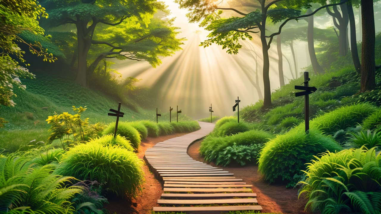  a serene landscape depicting a winding path with multiple signposts, each pointing toward different goals, surrounded by lush greenery and a bright sky, symbolizing the importance of alignment in reaching desired destinations. hyperrealistic, full body, detailed clothing, highly detailed, cinematic lighting, stunningly beautiful, intricate, sharp focus, f/1. 8, 85mm, (centered image composition), (professionally color graded), ((bright soft diffused light)), volumetric fog, trending on instagram, trending on tumblr, HDR 4K, 8K