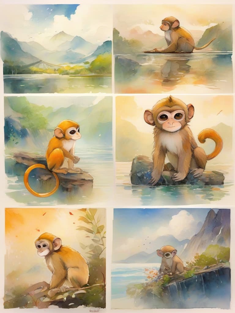  watercolor painting,instaport style, portrait of monkeys, cute, soft, blond hairs, golden sticks, vague edge lines, wearing simple cloths, with a soft background of clouds and mountain water, water colour effects, fantastic colour evolution, artistic sense, and creating a light and mysterious atmosphere。 [multi color watercolors with a white background], haze, film photography, light ethereal leaks, sharp focus, intricate highly detailed acrylic painting, palette knife and brush strokes, trending on artstation, trending on pixiv fanbox