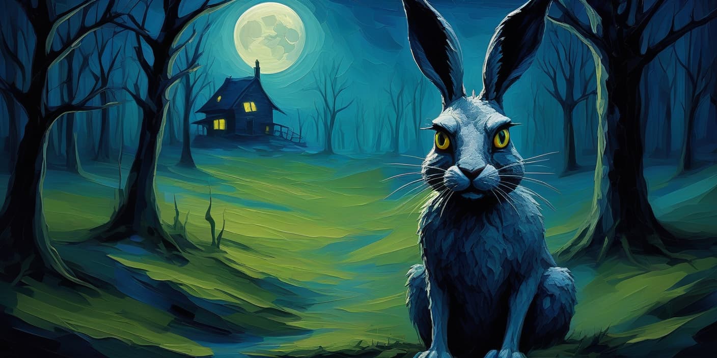  horror themed abstract creepy hare against a natural background, significant (impasto:1.4) creates a textured, almost three dimensional effect. in style of fairytale, horror, surrealism, mystical, textural, scary, night, werewolf. color palette in cool shades of blue and green contrasting with the warm light of the moon. (dynamic bold brush strokes). cabin in the background. the overall atmosphere is mysterious, fairytale like and creepy. . eerie, unsettling, dark, spooky, suspenseful, grim, highly detailed