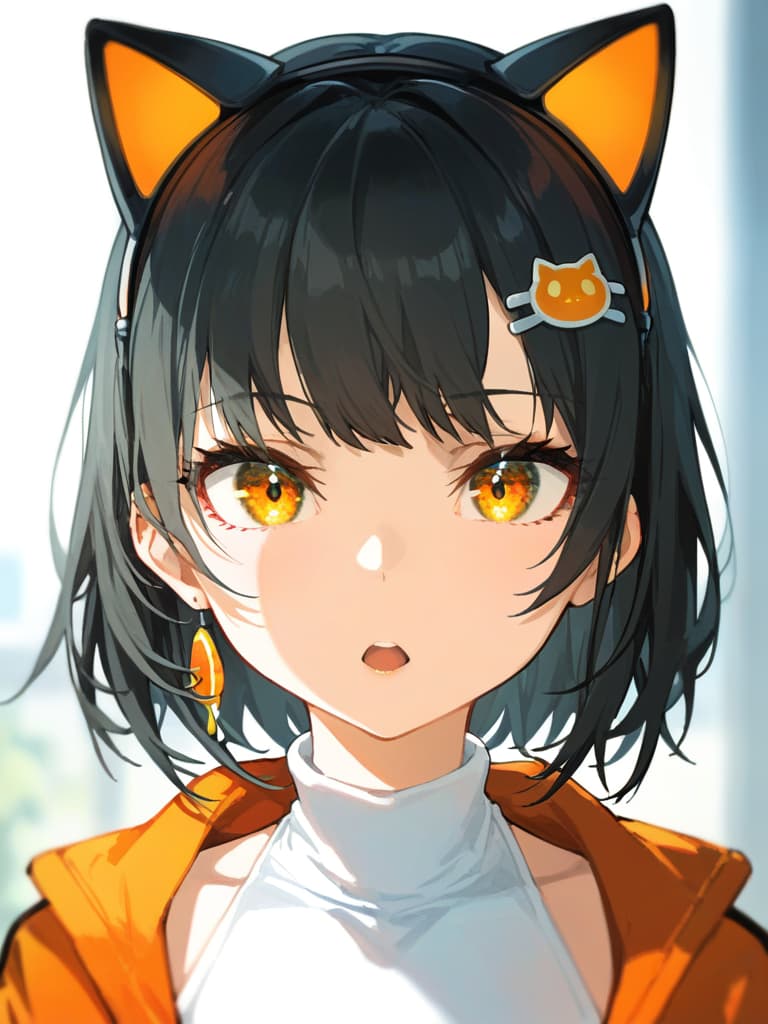  (black cat ear headphones: 1.2), blurry, masterpiece, open mouth, best quality, close up, from front, medium hair, (pure eyes: ), earring, orange overside jacket, (shoulder gap: 1.2), (white turtereneck: 1.1), (hair pin: 1.3)