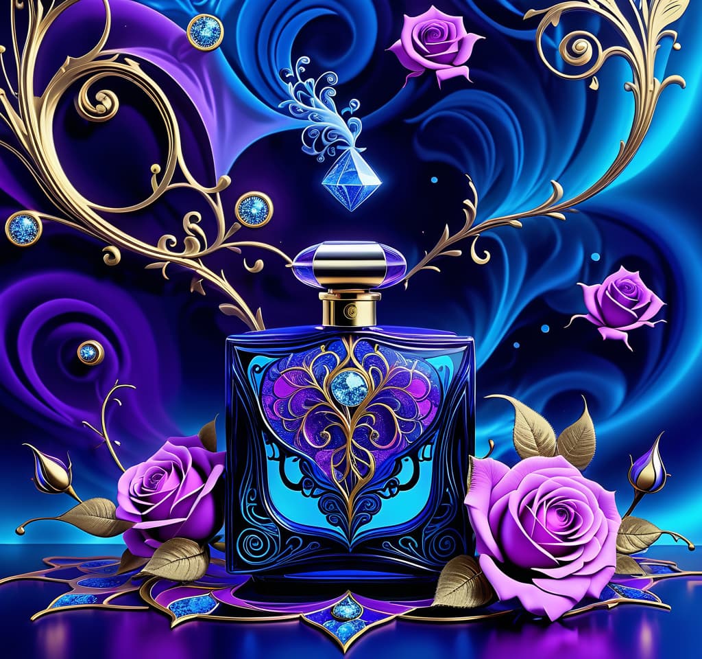  dreamscape ultra detailed digital image with double exposure. elegant single transparent (unusual) perfume bottle (diamond shaped: 1.4), heliotrope colours:: inside (bright purple liquid: 1.8), large bright rose, (blue: 1.3) misty fractal swirls, silver and (silver: 1,4) accents. (blue jets and splashes of liquid), plasticity. decorativeness. mesmerising. background black, complex ornamentation, surreal abstractionism, with textured neon blue and gold veins intertwining in an unusual whimsical pattern. juicy heliotrope coloured roses. bright blue accents. neon blue sparks, mystical glow. unreal, fantastic. lots of highlights, contrasting elements. superfine details. stylistics: art nouveau. abstraction. surrealistic idea. in the manner o