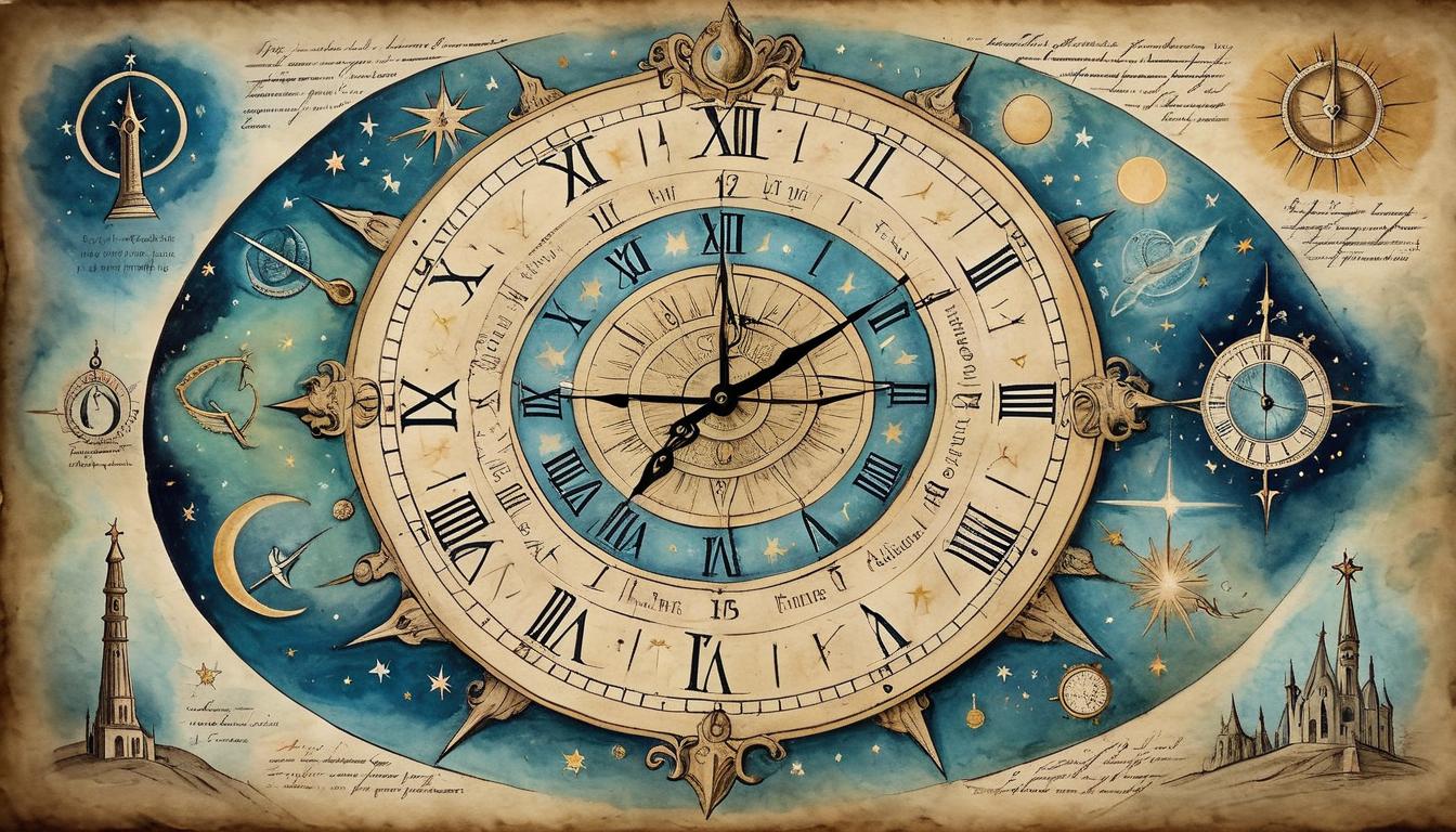  on parchment, surrealism+++, clock with celestial symbols, hands pointing to divine timing, surrounded by an aura of light, sense of realization, perfectly timed, cosmic alignment(mysterious, provocative, symbolic,muted color)+++