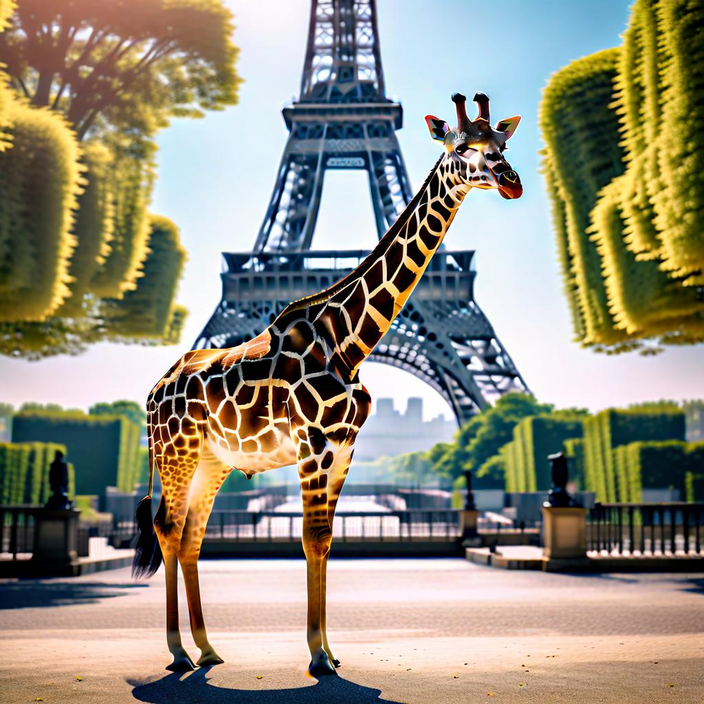  giraffe standing in front of eiffel tower hyperrealistic, full body, detailed clothing, highly detailed, cinematic lighting, stunningly beautiful, intricate, sharp focus, f/1. 8, 85mm, (centered image composition), (professionally color graded), ((bright soft diffused light)), volumetric fog, trending on instagram, trending on tumblr, HDR 4K, 8K