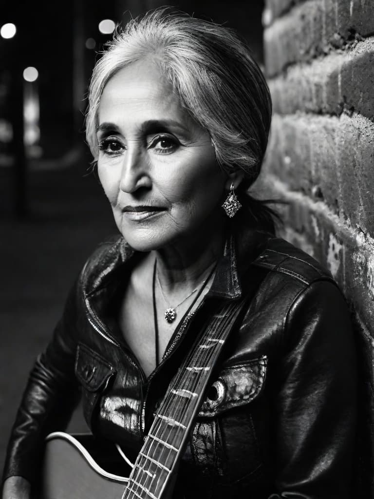  A younger Country singer Joan Baez, medium shot, upper body, spotlight, long exposure lighting, street art style spray paint, glamour lighting