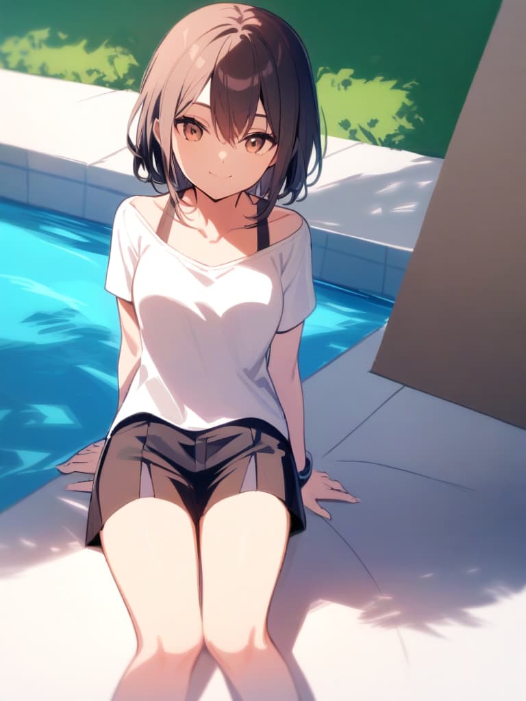  s, s short hair, cute smile, , whole body, pool side,