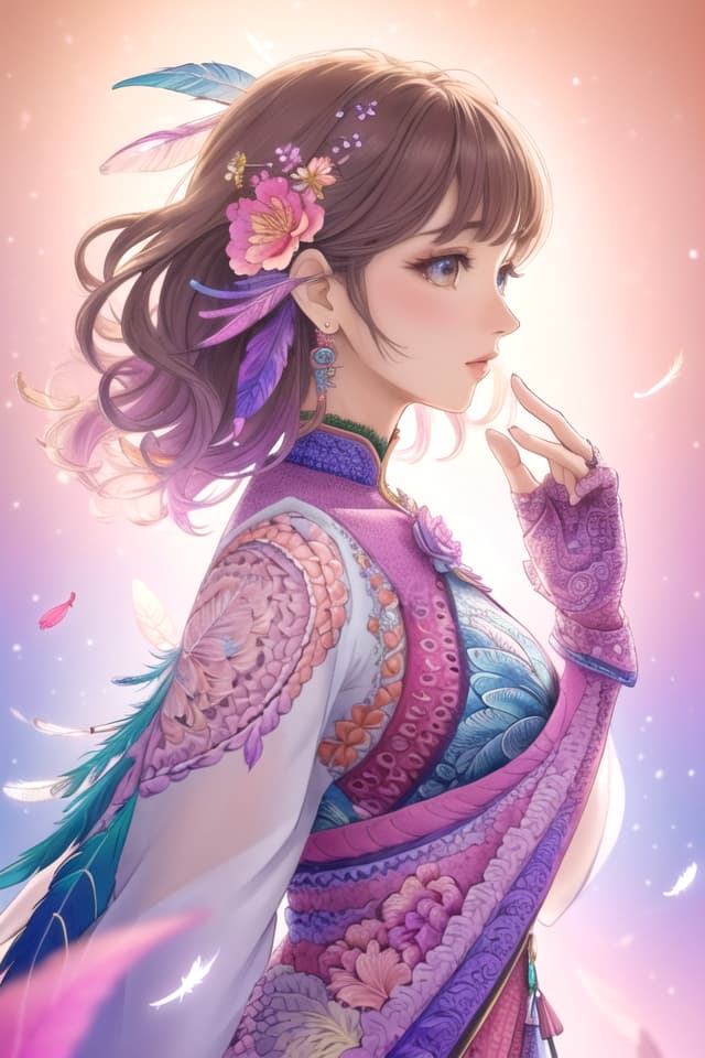  (1girl, solo, from side), extremely detailed, (abstract background, zentangle, fractal art:1.3), (many colors, colorful:1.1), (feathers, petals, flowers:1.3), dynamic pose, earrings <lora:add_detail:1> hyperrealistic, full body, detailed clothing, highly detailed, cinematic lighting, stunningly beautiful, intricate, sharp focus, f/1. 8, 85mm, (centered image composition), (professionally color graded), ((bright soft diffused light)), volumetric fog, trending on instagram, trending on tumblr, HDR 4K, 8K