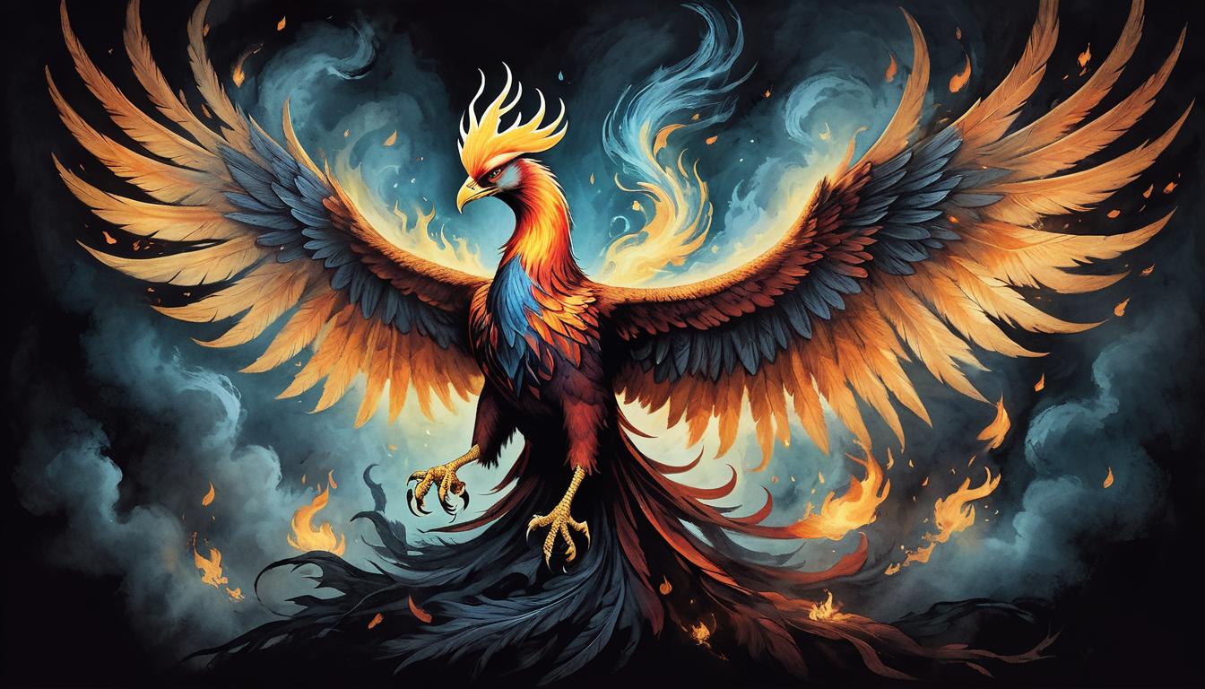  on parchment, surrealism+++, phoenix rising from ashes, magnificent wings, flames of transformation, dark background, ethereal glow, rebirth, empowerment(mysterious, provocative, symbolic,muted color)+++