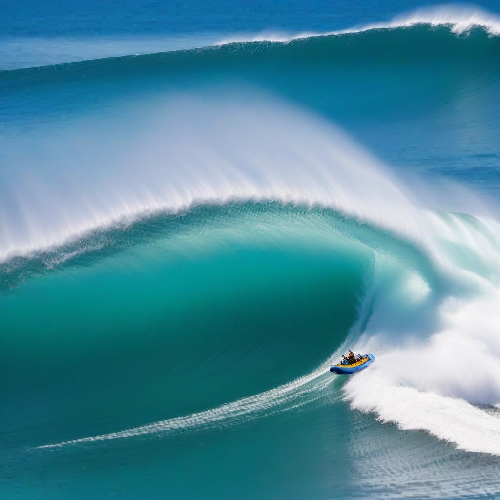  In the middle of the ocean, a large blue wave with splashes pushes a raft in front of it, in the form of a green leaf