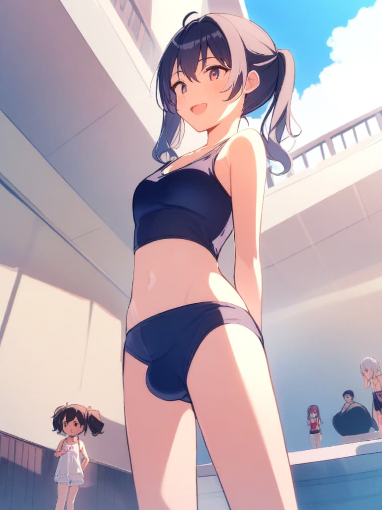  women's elementary students (male), twin tails, cute smiles, (rich s), short stature, dark blue swimwear, old swimwear, swimwear, simple, (upward), upward, (bulge), front, whole body, pool side ,,,