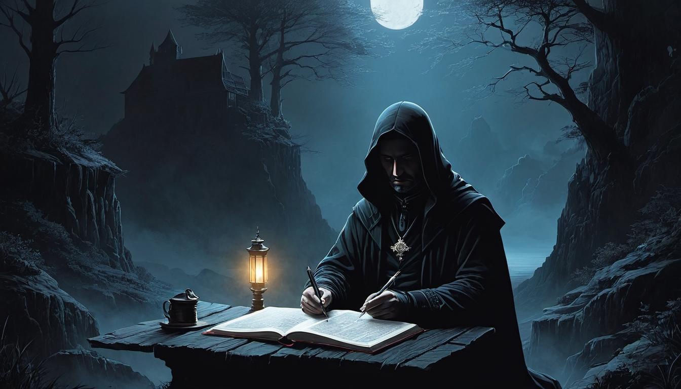  （surrealism)a distant observer clad in dark clothing, taking mental notes, pale lighting casting long shadows, atmosphere of secrecy, absorption of knowledge mystic, intricate details, best quality)