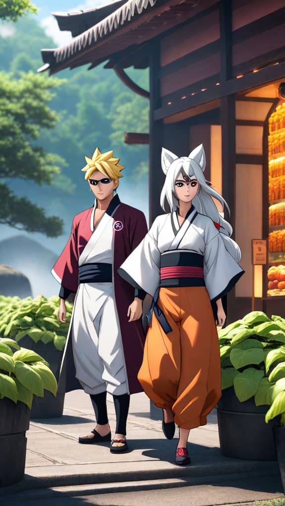  anime art of momoshiki and isshiki discussing their sinister plans to harvest chakra fruits in boruto. hyperrealistic, full body, detailed clothing, highly detailed, cinematic lighting, stunningly beautiful, intricate, sharp focus, f/1. 8, 85mm, (centered image composition), (professionally color graded), ((bright soft diffused light)), volumetric fog, trending on instagram, trending on tumblr, HDR 4K, 8K