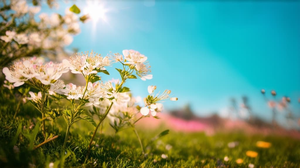  cinematic film style, light photo, spring, everything is blooming and coming to life, wallpaper, flowers in the foreground, blue sky ar 16:9, shallow depth of field, vignette, maximum details, high budget hollywood movie, bokeh, cinemascope, moody, epic, gorgeous, sun rays and shadows on furniture and surfaces, flattering light, raw photo, photography, photorealistic, 8k resolution, f1.4, sharpened focus, sharp focus