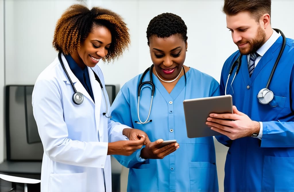  professional detailed photography, multiethnic doctors engaged in collaborative medical consultation, discuss patient disease diagnose or treatment plan, reviewing information, focusing on tablet. teamwork, modern tech in healthcare ar 3:2, (muted colors, dim colors, soothing tones), (vsco:0.3)