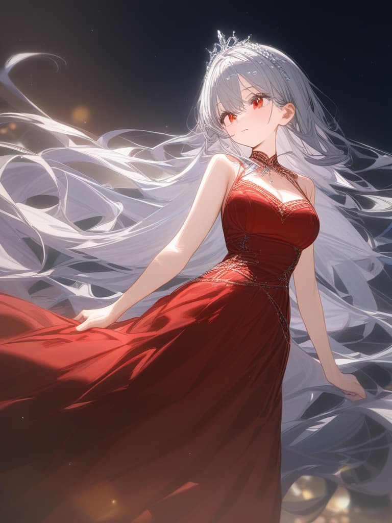  super long long hair, gray hair, long dress, fluttering, red and black dresses, black high heel glittering, night, lunar, red eyes, tiara on the head, diamond tiara , shooting the whole body, masterpiece, best quality,8k,ultra detailed,high resolution,an extremely delicate and beautiful,hyper detail