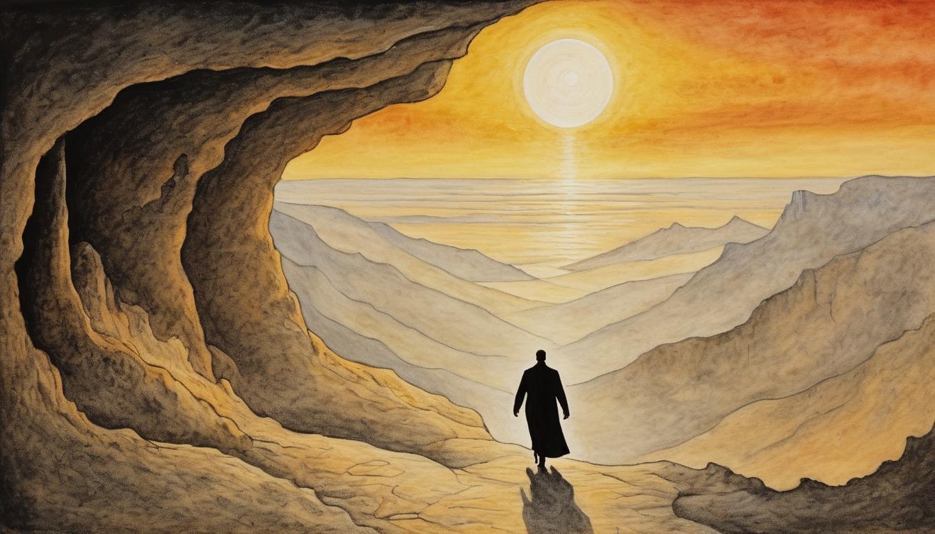  on parchment, surrealism++, person stepping out of dark cave into a radiant sunrise, boundary between light and shadow, bright future ahead, contrast of dark past and bright future, sense of liberation(mysterious, provocative, symbolic)++