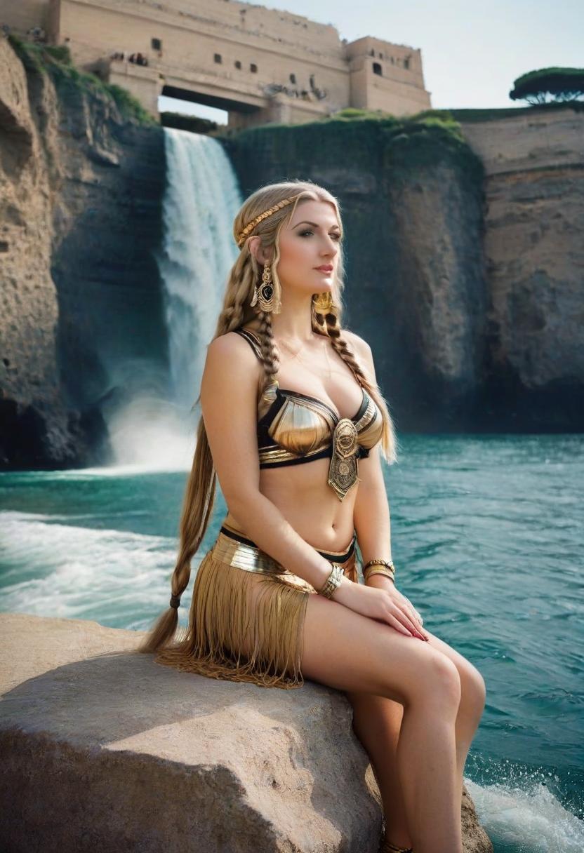  nautical themed full growth cosplay of an elf fit girl, a fair haired girl similar to dani daniels, she's wearing outfit in the mix of ancient egypt and rome style, beautiful earrings, twiggy makeup, a waterfall in the background. . sea, ocean, ships, maritime, beach, marine life, highly detailed, film photography style