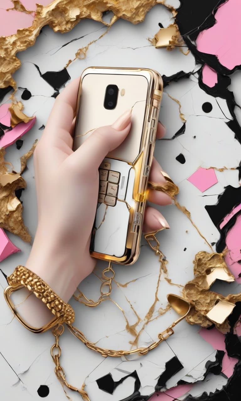  concept art black, white, gold, pink broken phone on a black and gold background . digital artwork, illustrative, painterly, matte painting, highly detailed, perfect hands