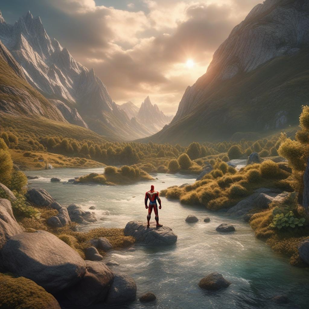  a superhero in a mountain range cartoon, highly detailed, cinematic lighting, stunningly beautiful, intricate, sharp focus, (centred image composition), (professionally colour graded), ((bright soft diffused light)), hdr 4k, 8k