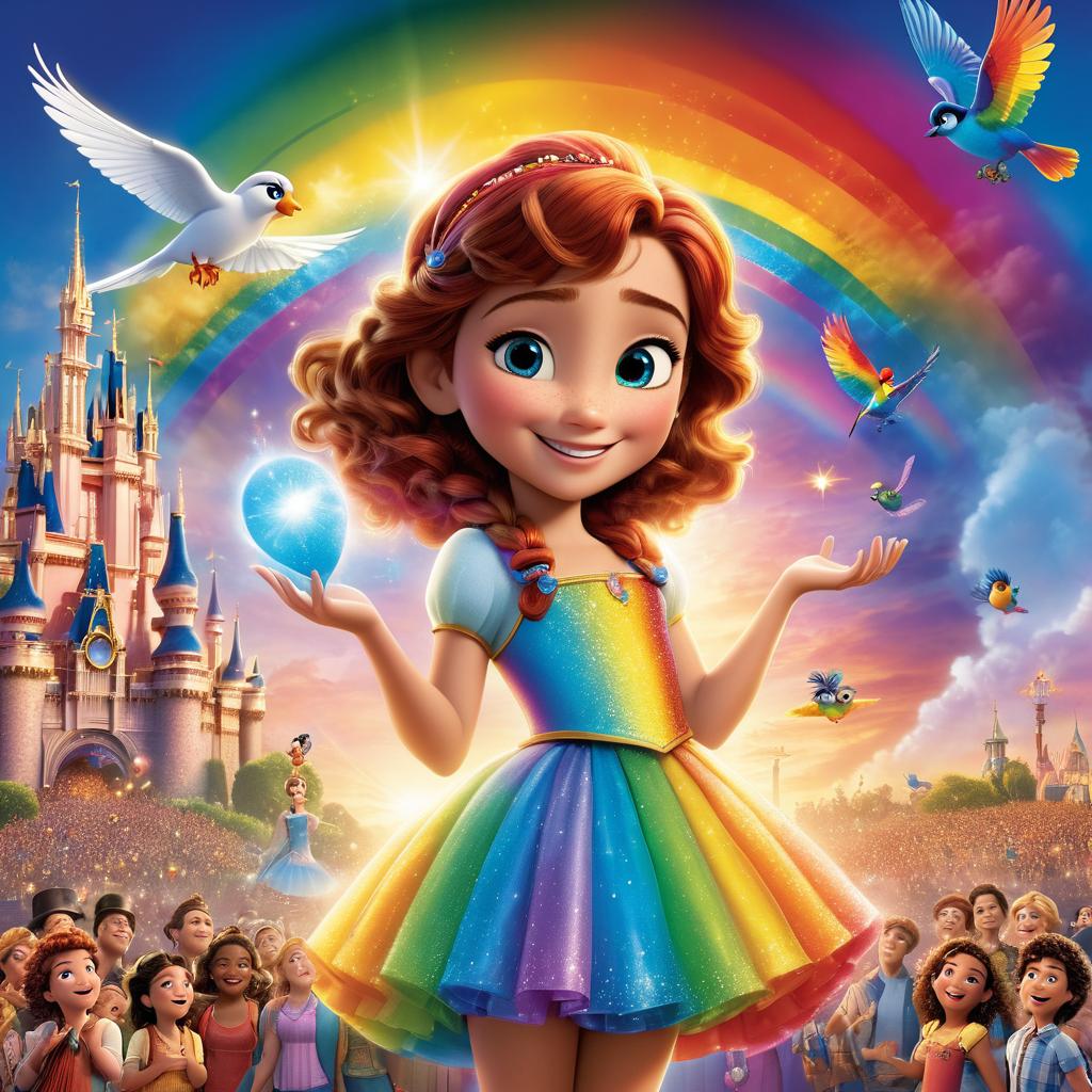  in 3d animated movie style. disney pixar style. alisha,10,kind, imaginative; puffy,young, gentle; rainbow,cheerful, magical. rainbow's bands cast warm glow. puffy exudes joy. wonder, optimism atmosphere. high res pixar 3d; detailed rendering. bright lights, warm colors reflect rainbow and puffy. bird's eye view on rainbow's dance, emphasizing magic.