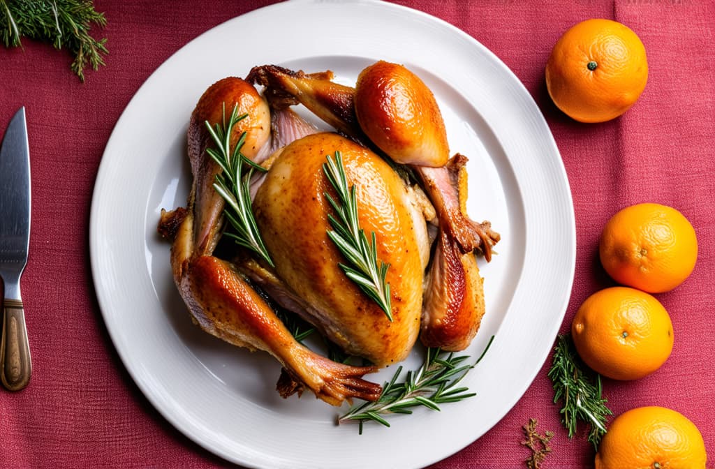  professional detailed photography, homemade baked duck with rosemary and oranges. crispy whole roast duck. thanksgiving or christmas dinner. place for text, top view ar 3:2, (muted colors, dim colors, soothing tones), (vsco:0.3)