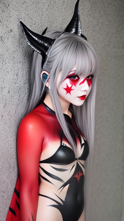  Grey and red bat pattern body paint in every corner of the body,silver body paint all over the body,Grey face paint on the face, Two succubus, full body image 女性