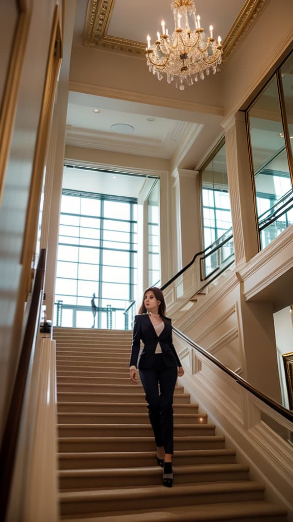  masterpiece, high quality, 4K, HDR BREAK A confident businesswoman in a suit falling down the stairs at her office building. BREAK A confident, determined businesswoman in a navy blue suit with a white blouse and black heels. BREAK Falling backwards down a set of stairs, arms flailing, a look of surprise on her face. BREAK The interior of a modern office building, with a marble staircase and glass walls overlooking the city skyline. hyperrealistic, full body, detailed clothing, highly detailed, cinematic lighting, stunningly beautiful, intricate, sharp focus, f/1. 8, 85mm, (centered image composition), (professionally color graded), ((bright soft diffused light)), volumetric fog, trending on instagram, trending on tumblr, HDR 4K, 8K