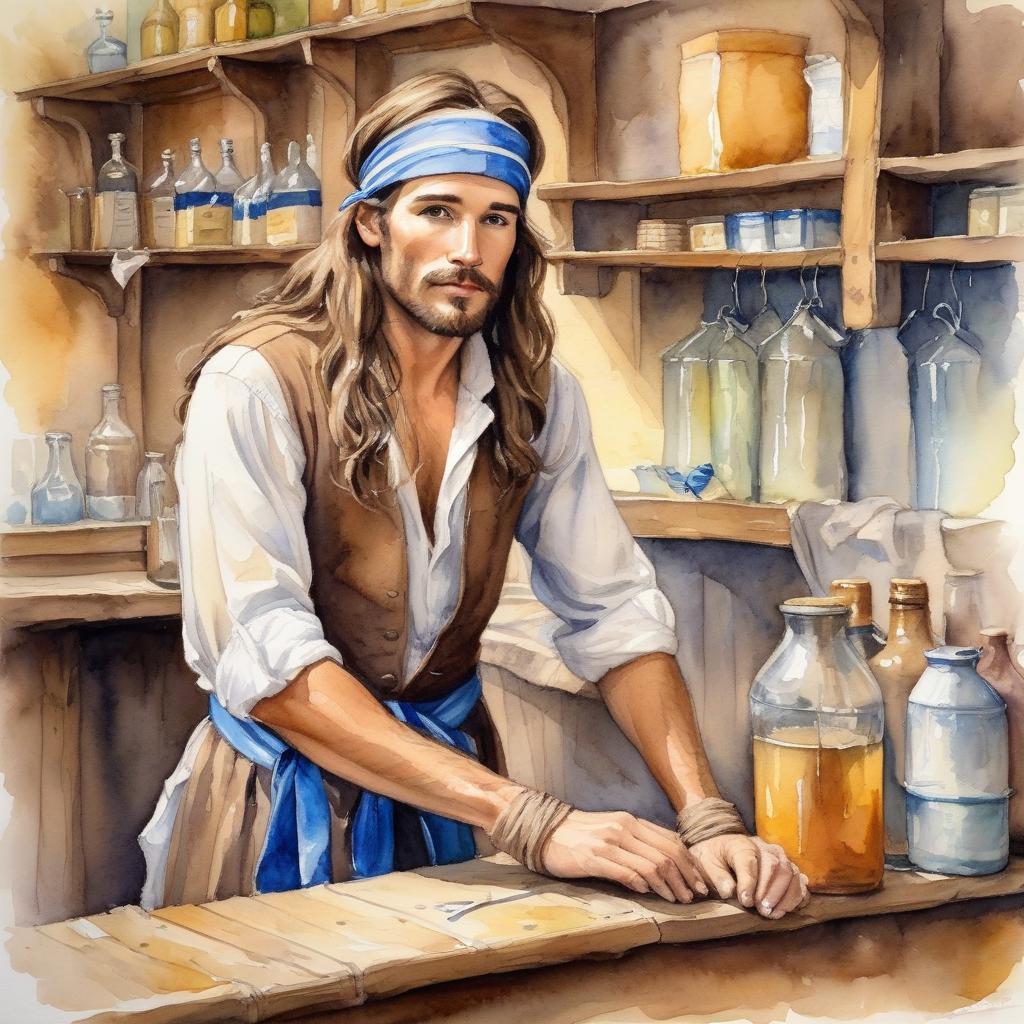  watercolor painting man with long brown hair bandaged with ribbon in tavern behind counter in dirty clothes . vibrant, beautiful, painterly, detailed, textural, artistic