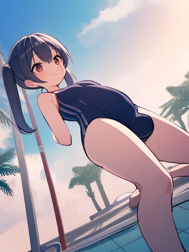  women's elementary students (male), twin tails, cute smiles, (rich s), short stature, dark blue swimwear, old swimwear, swimwear, simple, (upward), upward, (bulge), front, whole body, pool side ,,,