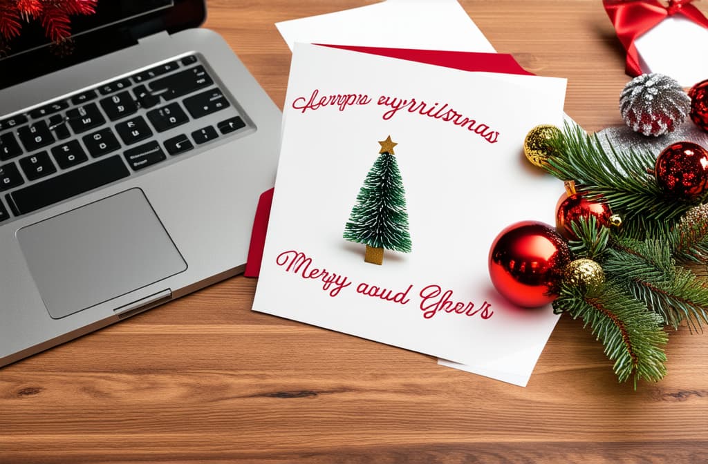  professional detailed photography, christmas card. office desk with laptop and christmas decorations ar 3:2, (muted colors, dim colors, soothing tones), (vsco:0.3)