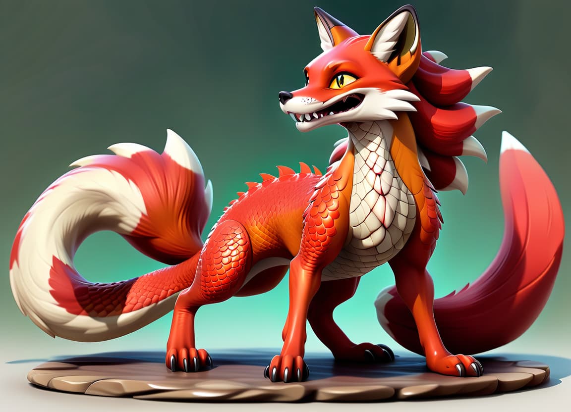  anime artwork animal, hybrid, full length mixture of fox and lizard, fox with scales on his stomach, red fur, very long tail, scales on his stomach, dragon scales . anime style, key visual, vibrant, studio anime, highly detailed, sticker