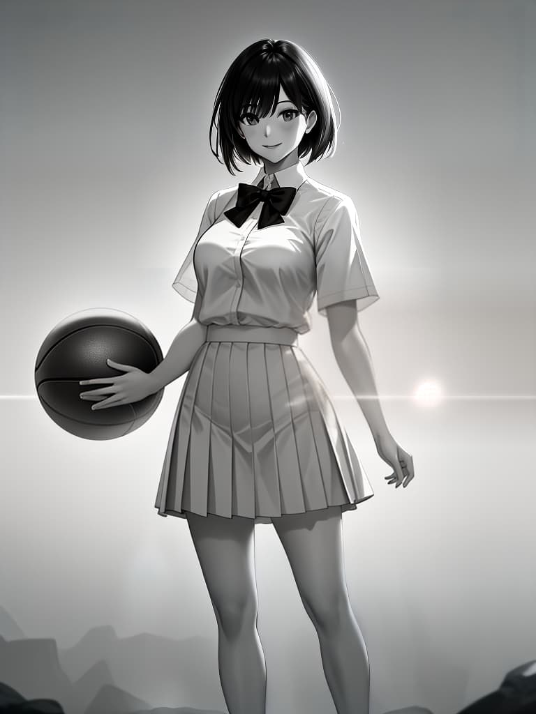  1,solo,looking at viewer,smile,short hair,,simple background,shirt,white background,original,bow,holding, uniform,monochrome,standing,greyscale,short sleeves,pleated ,bowtie,sketch,hand on hip,ball,basketball hyperrealistic, full body, detailed clothing, highly detailed, cinematic lighting, stunningly beautiful, intricate, sharp focus, f/1. 8, 85mm, (centered image composition), (professionally color graded), ((bright soft diffused light)), volumetric fog, trending on instagram, trending on tumblr, HDR 4K, 8K