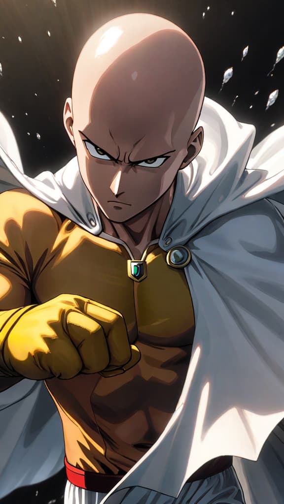  anime art: saitama's divine power speculation in one punch man. hyperrealistic, full body, detailed clothing, highly detailed, cinematic lighting, stunningly beautiful, intricate, sharp focus, f/1. 8, 85mm, (centered image composition), (professionally color graded), ((bright soft diffused light)), volumetric fog, trending on instagram, trending on tumblr, HDR 4K, 8K