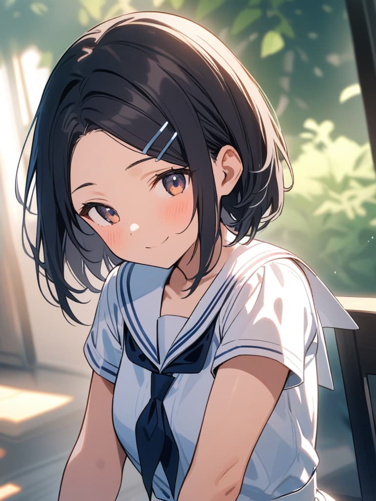  ultra detailed:1.2,masterpiece:1.2,best quality,masterpiece,bestquality,hdr:1.1,8k:1.1,very cute girl:1.3,((forehead,off center part hair,black hair:1.4)))((hair clip:1.3))(from front,upper body:1.3)(face focus:1.2),(sailor sundress:1.2)(smile:1.3)