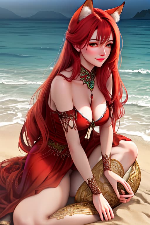  Draw a reddish fox girl resting on the beach., Photorealistic, Hyperrealistic, Hyperdetailed, analog style, demure, detailed skin, pores, smirk, smiling eyes, matte skin, soft lighting, subsurface scattering, realistic, heavy shadow, masterpiece, best quality, ultra realistic, 8k, golden ratio, Intricate, High Detail, film photography, soft focus hyperrealistic, full body, detailed clothing, highly detailed, cinematic lighting, stunningly beautiful, intricate, sharp focus, f/1. 8, 85mm, (centered image composition), (professionally color graded), ((bright soft diffused light)), volumetric fog, trending on instagram, trending on tumblr, HDR 4K, 8K